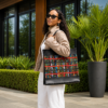 Beza Eco Line black leather tote bag with colourful Kitenge panels, handcrafted in Rwanda