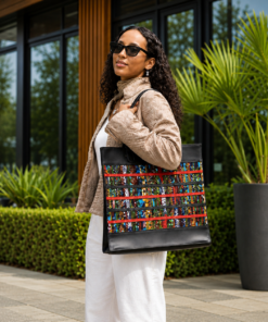 Beza Eco Line black leather tote bag with colourful Kitenge panels, handcrafted in Rwanda